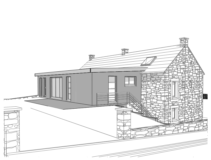 Perspectives en noir et blanc d'une maison moderne et contemporaine. Avant-projet sommaire et/ou avant-projet définitif. Réalisé par un concepteur et dessinateur en architecture, paysagiste.