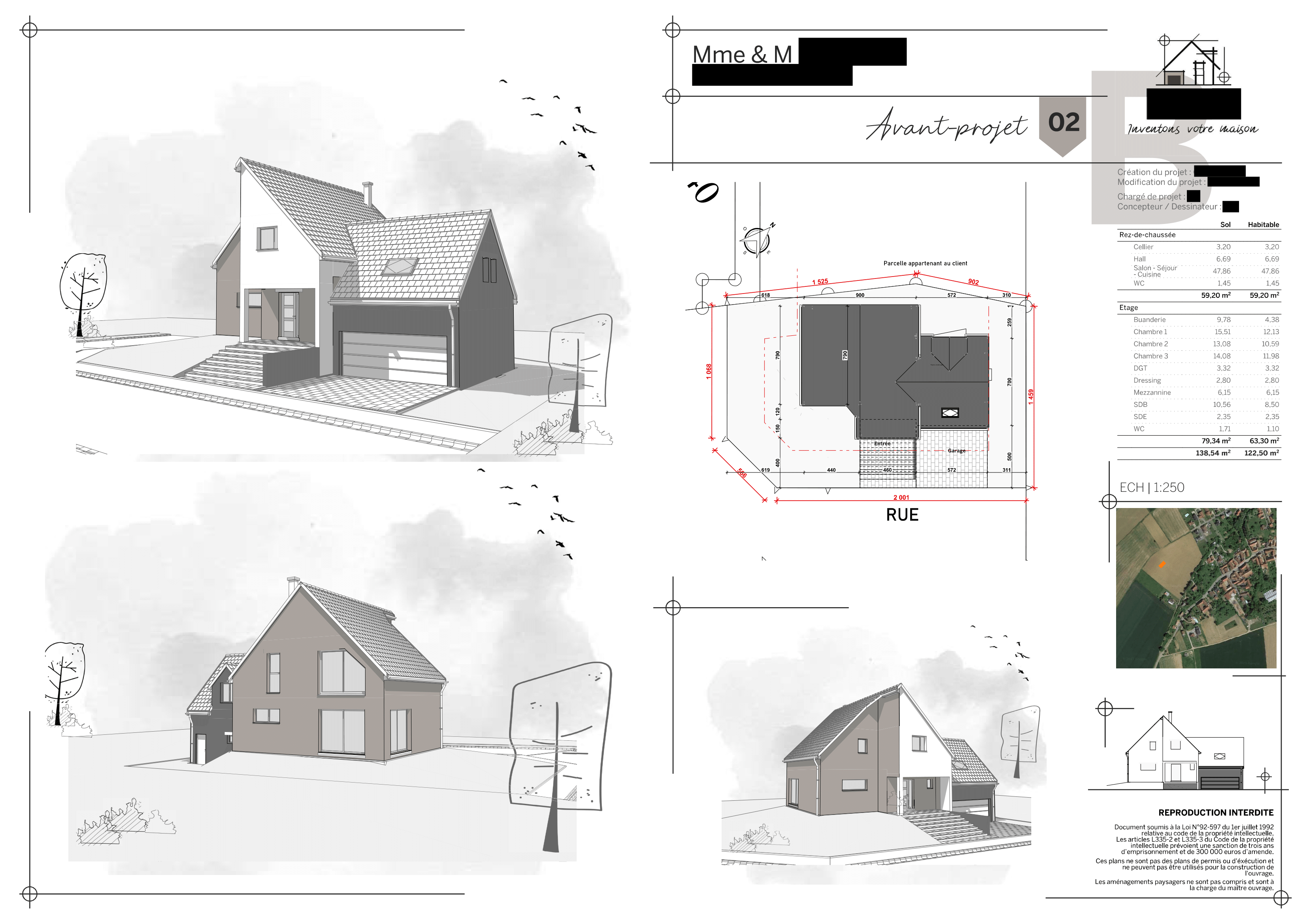 Planche de présentation d'une maison neuve contemporaine et moderne réalisé par un dessinateur en architecture.