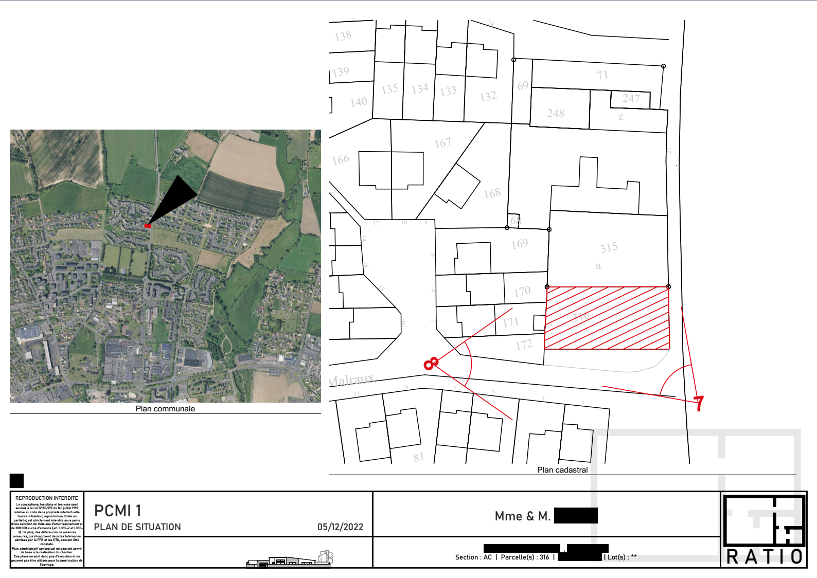 Plan de situation PCMI 1 d'un permis de construire. Réalisé par un concepteur et dessinateur en architecture, paysagiste.