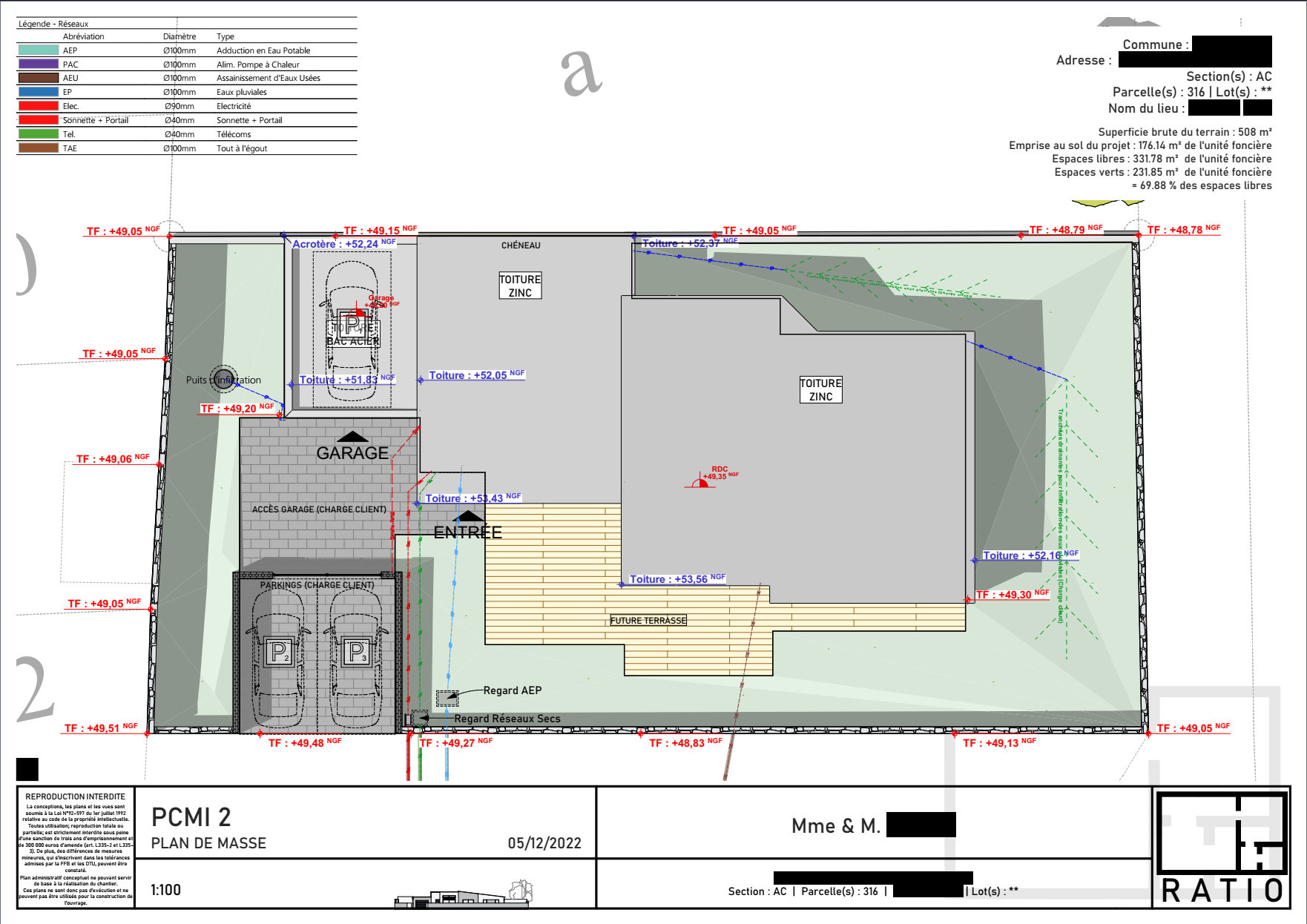 Plan masse PCMI 2 d'un permis de construire. Réalisé par un concepteur et dessinateur en architecture, paysagiste.