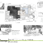 Planche de présentation d'un aménagement de jardin. Dessin à la mains en noir et blanc. Plan masse et perspectives. Réalisé par un concepteur et dessinateur en architecture, paysagiste.