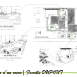 Planche de présentation d'un aménagement de jardin. Dessin à la mains en noir et blanc. Plan masse et perspectives. Réalisé par un concepteur et dessinateur en architecture, paysagiste.