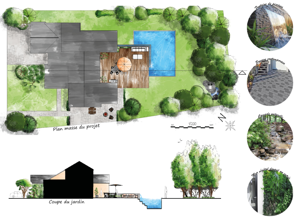 Plan de jardin dessiné à la main avec des exemples en phoitographie et un coupe transversale du jardin. Réalisé par un concepteur et dessinateur en architecture, paysagiste.